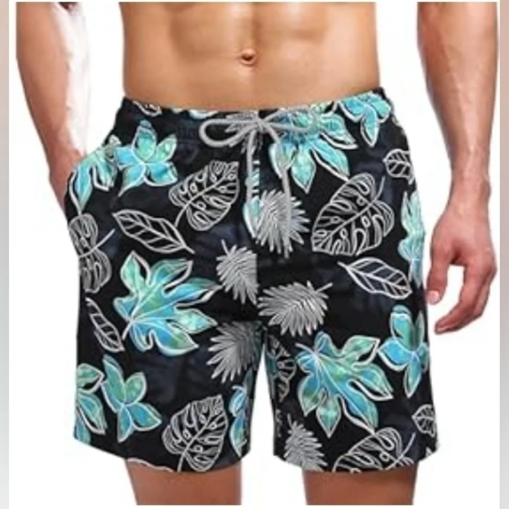 Men's Quick Dry Tropical Beach Shorts Swimsuit Swimwear Swim Trunks, Black/Teal